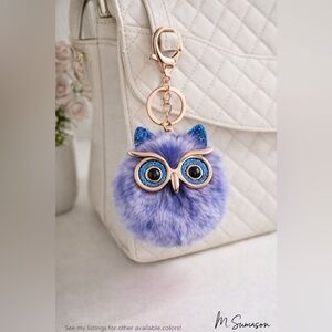 Fluffy Owl Pom Keychain Charm Frosted Blue White Gold